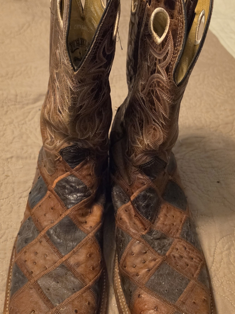 Patchwork Argyle Brown Leather Cowboy Boots, Ostrich